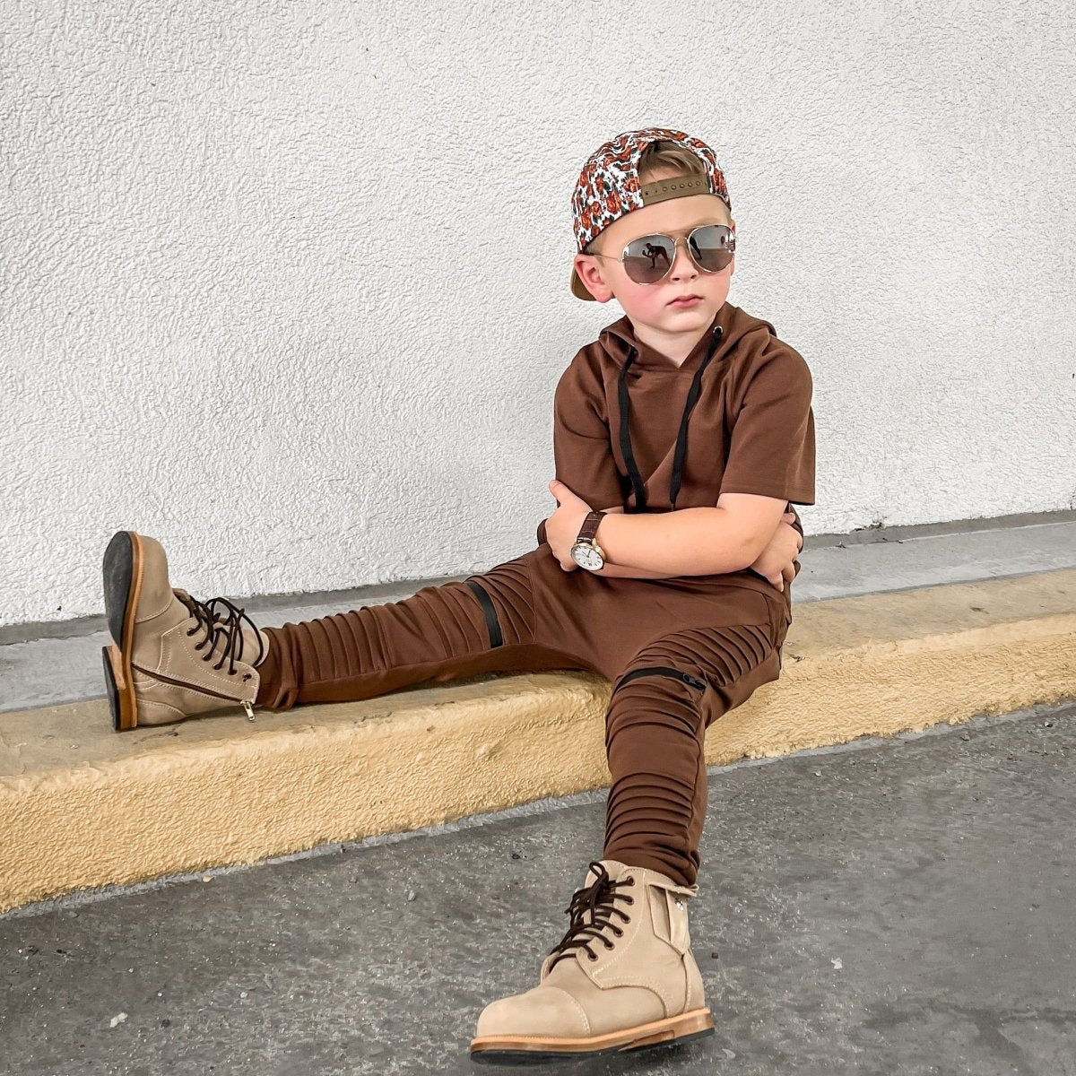 Short Sleeve Biker Hoodie- Espresso - Posh Kiddos
