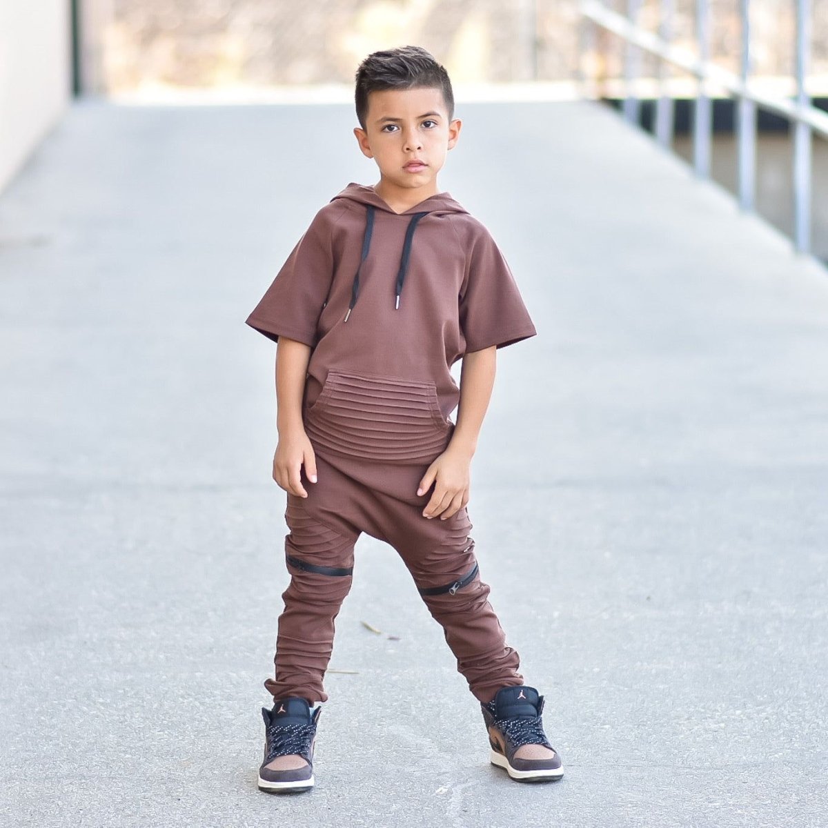 Short Sleeve Biker Hoodie- Espresso - Posh Kiddos