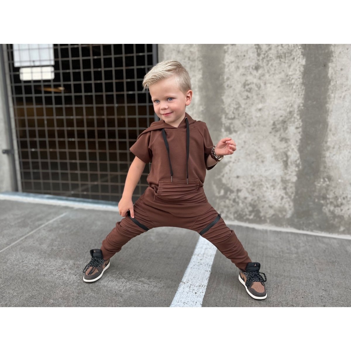 Short Sleeve Biker Hoodie- Espresso - Posh Kiddos
