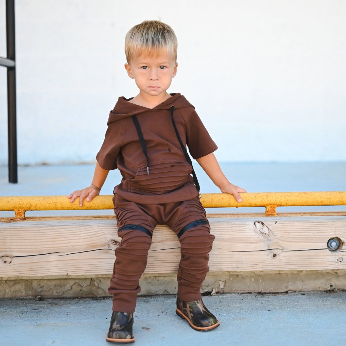 Short Sleeve Biker Hoodie- Espresso - Posh Kiddos