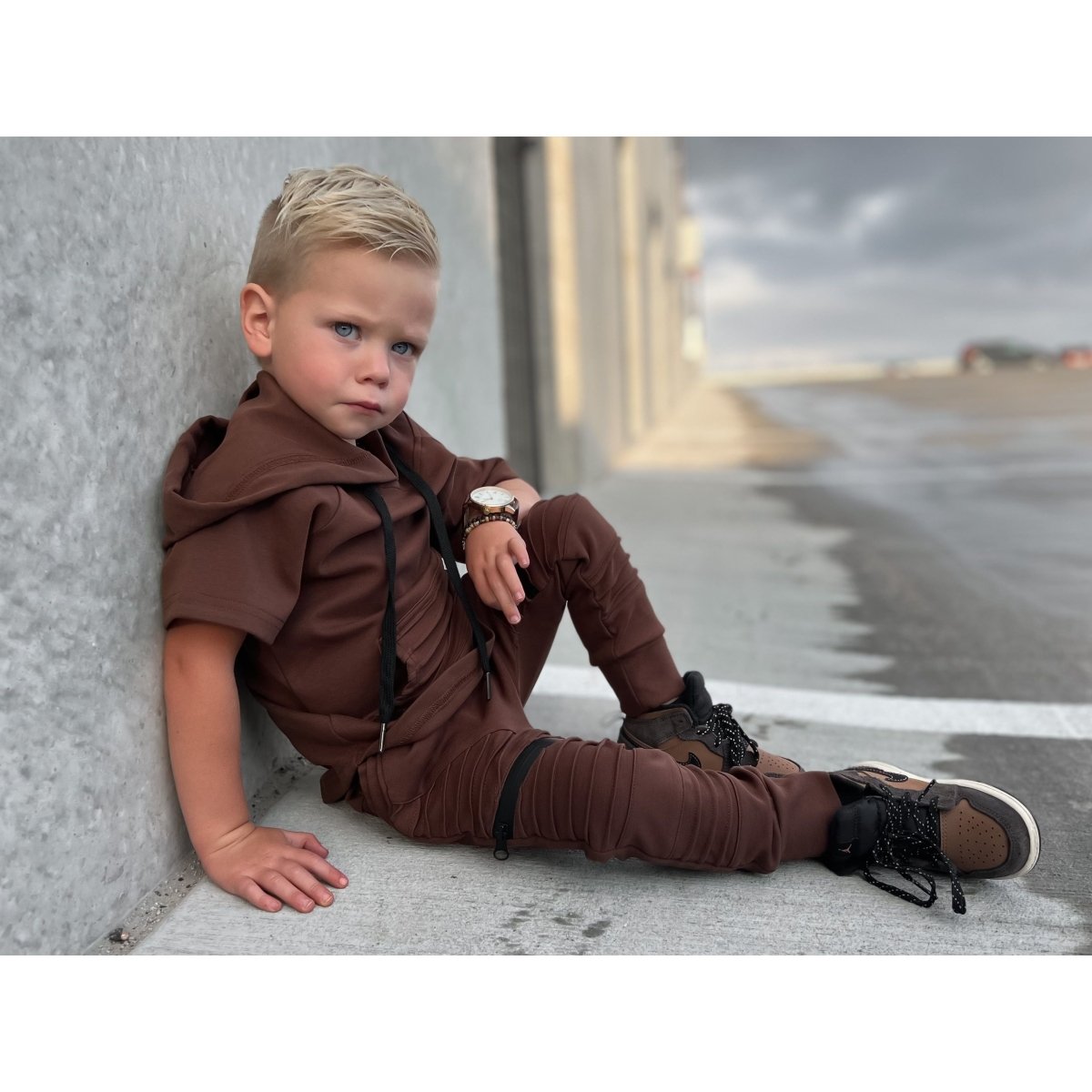 Short Sleeve Biker Hoodie- Espresso - Posh Kiddos