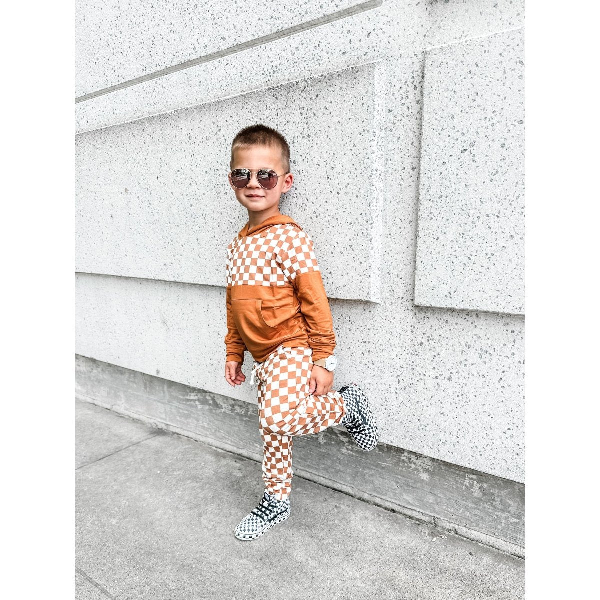 Elevated Bamboo Hoodie - Caramel Checks - Posh Kiddos