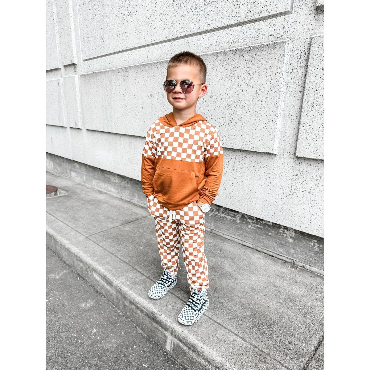 Elevated Bamboo Hoodie - Caramel Checks - Posh Kiddos