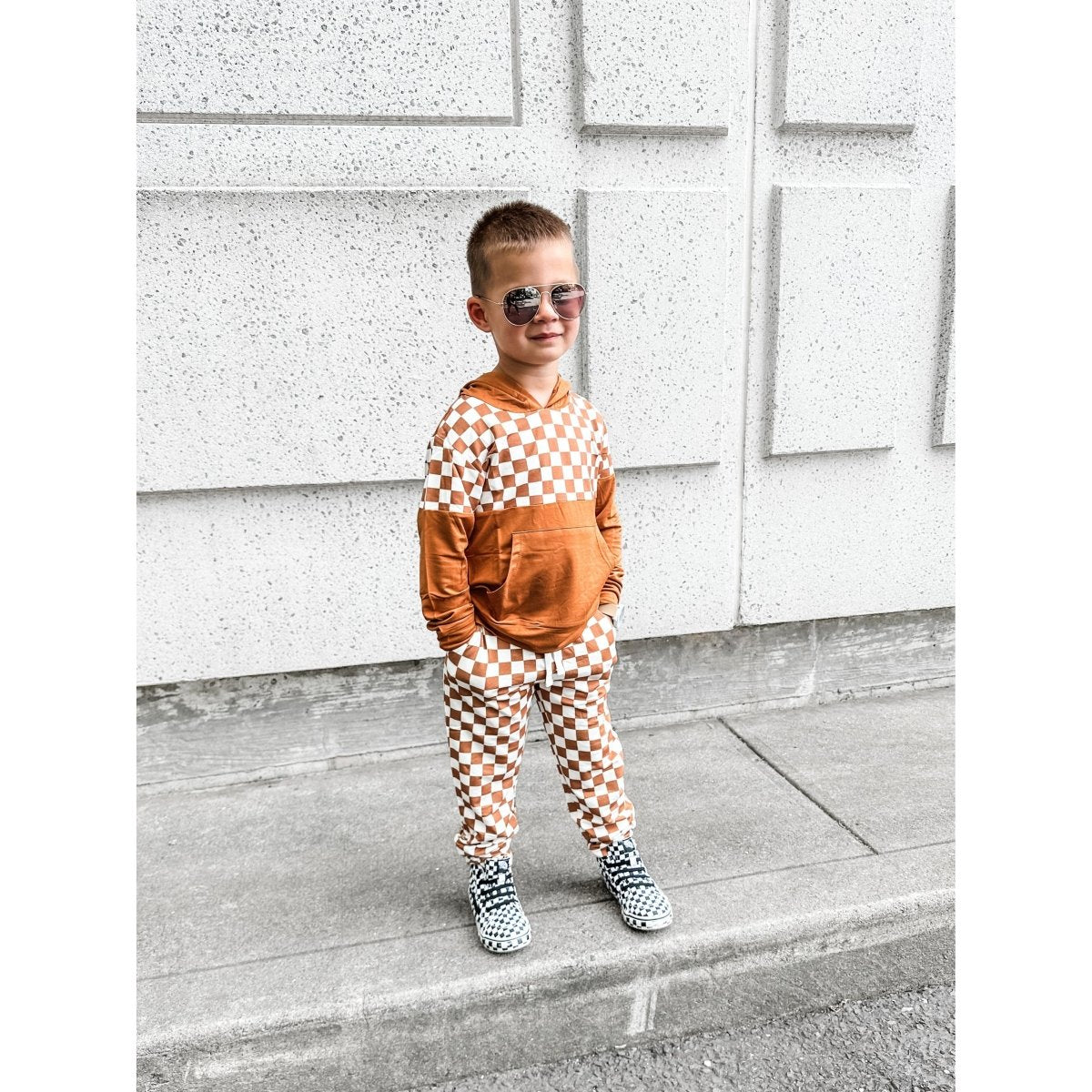 Elevated Bamboo Hoodie - Caramel Checks - Posh Kiddos