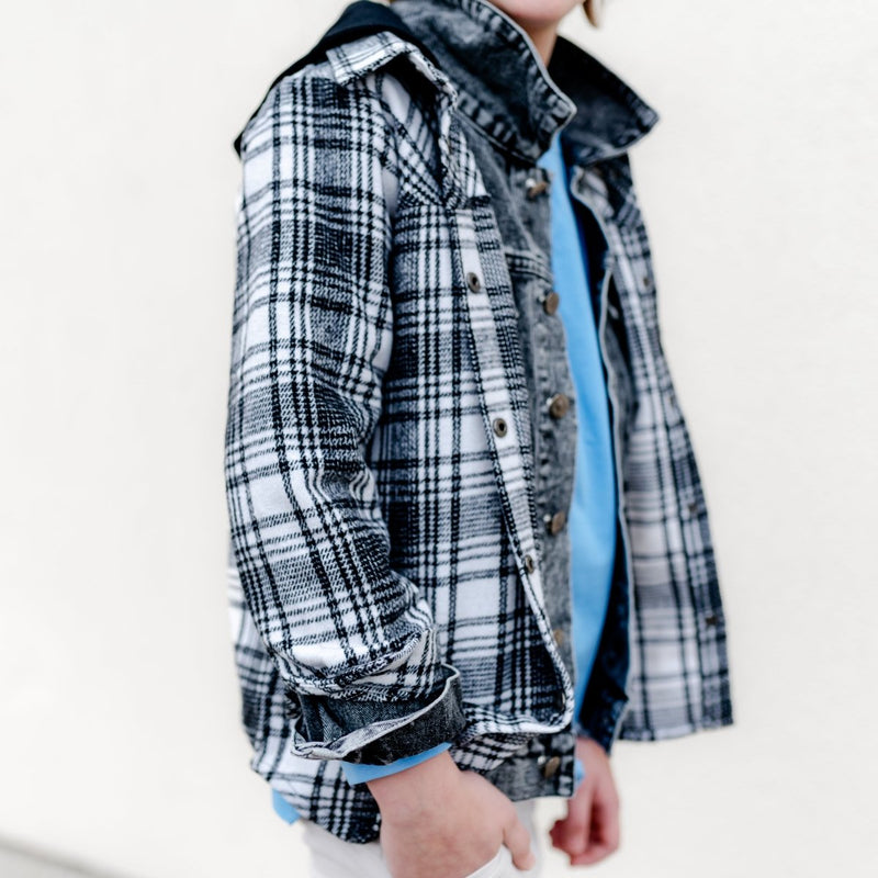 Hooded Flannel Shirt- Black - Posh Kiddos